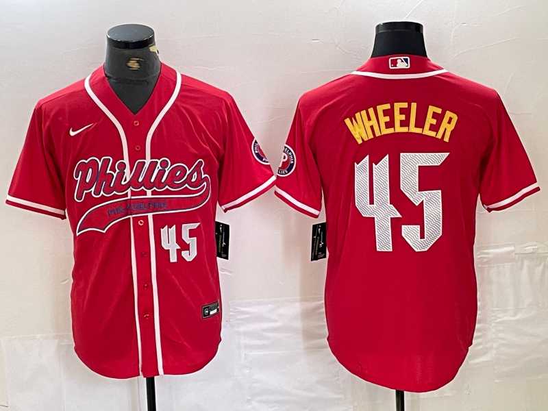 Mens Philadelphia Phillies #45 Zack Wheeler Number Red Cool Base Stitched Baseball Jersey